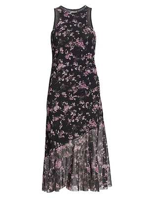 Floral Mesh Draped Midi-Dress