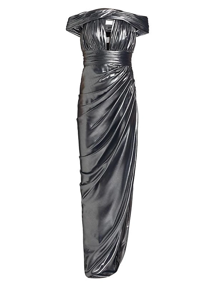 Pleated Metallic Asymmetric Gown
