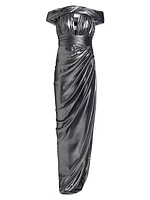 Pleated Metallic Asymmetric Gown
