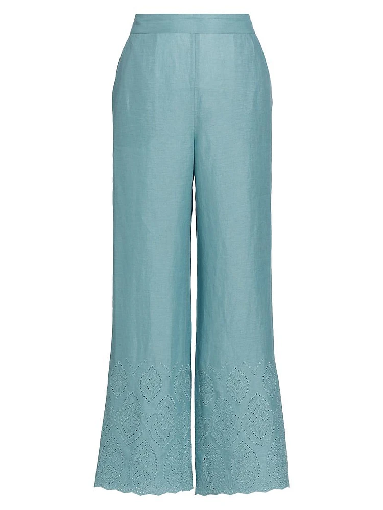 Lesley Linen Eyelet Wide-Leg Pants