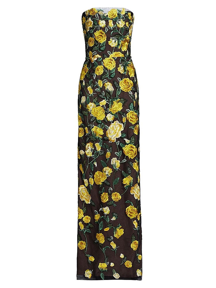 Floral Embroidered Strapless Gown