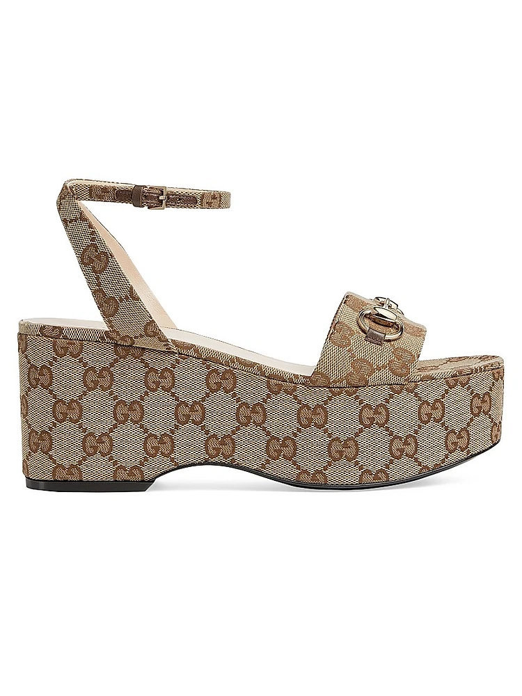 Lady Horsebit 75MM GG Canvas Wedge Sandals