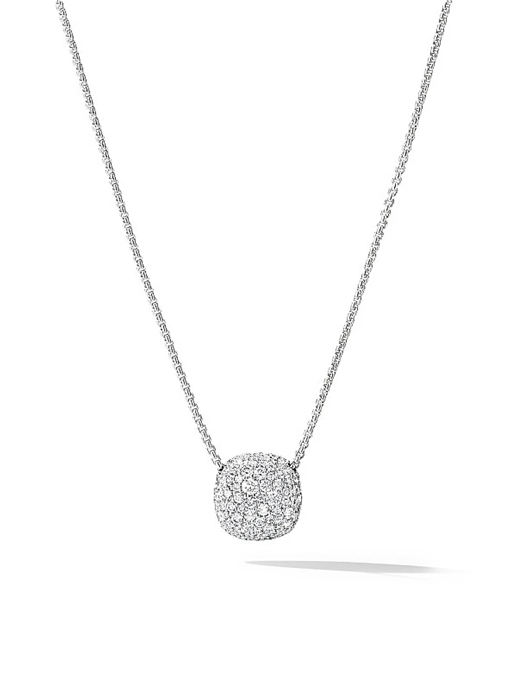 Pavé Cushion Pendant Necklace in 18K White Gold