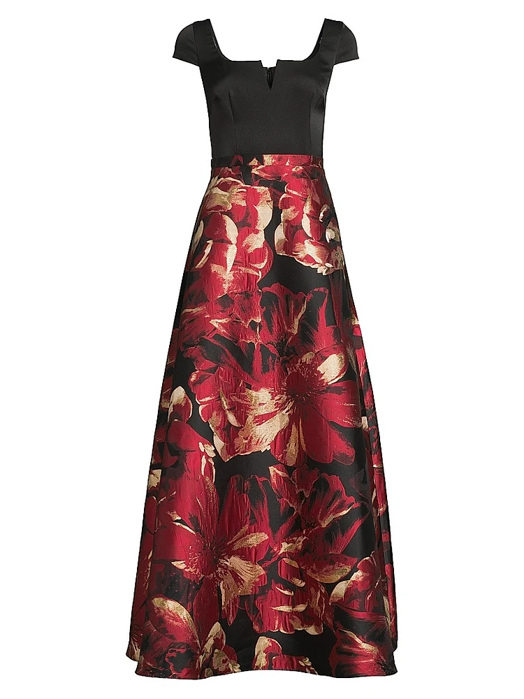Floral Satin Short-Sleeve Gown