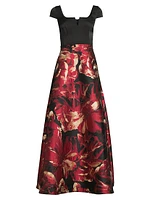 Floral Satin Short-Sleeve Gown