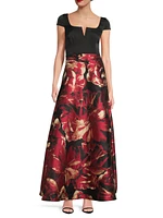 Floral Satin Short-Sleeve Gown