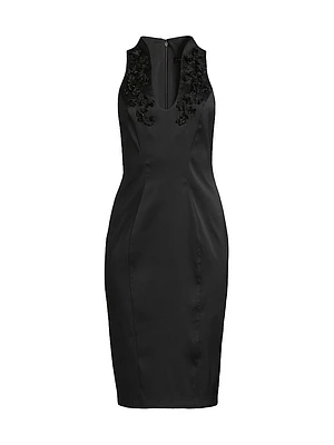 Floral Beaded Appliqué Satin Midi-Dress