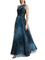Printed Organza Asymmetric Gown
