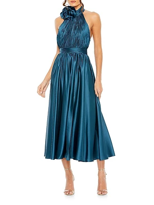 Satin Halter Rosette Midi-Dress