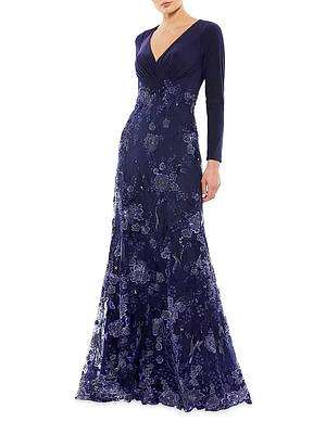 Floral Sequin Long-Sleeve Gown