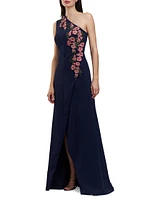 Nadine Embroidered Crepe One-Shoulder Gown