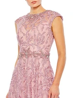 Embroidered Illusion Cap-Sleeve Gown