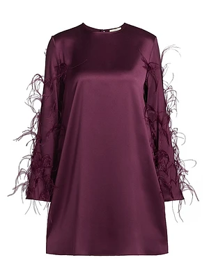 Feather Embellished Satin Shift Minidress