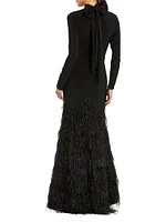 Feather-Embellished Jersey Gown