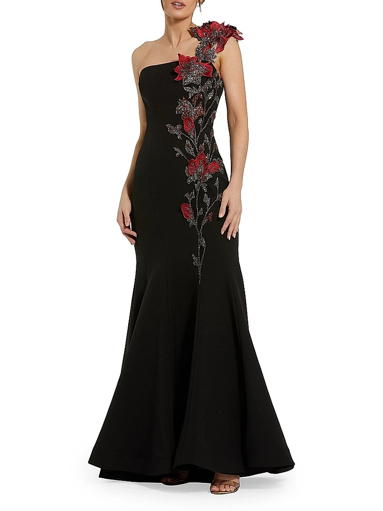 Embellished Floral Crepe Mermaid Gown