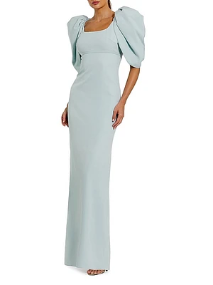 Crepe Puff-Sleeve Column Gown