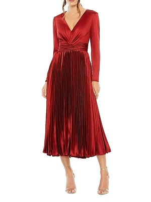 Pleated Satin V-Neck Midi-Dress
