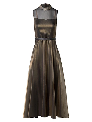 Metallic Silk-Blend Fit & Flare Sleeveless Midi-Dress