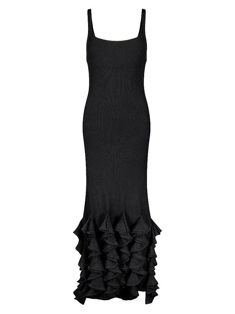 Ribbed Ruffle-Hem Midi-Dress