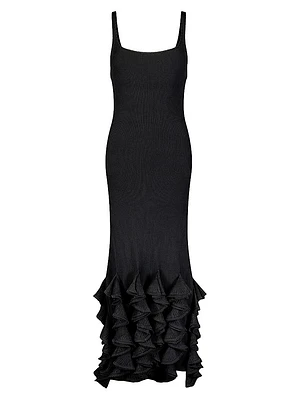 Ribbed Ruffle-Hem Midi-Dress