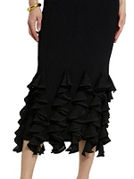 Ribbed Ruffle-Hem Midi-Dress