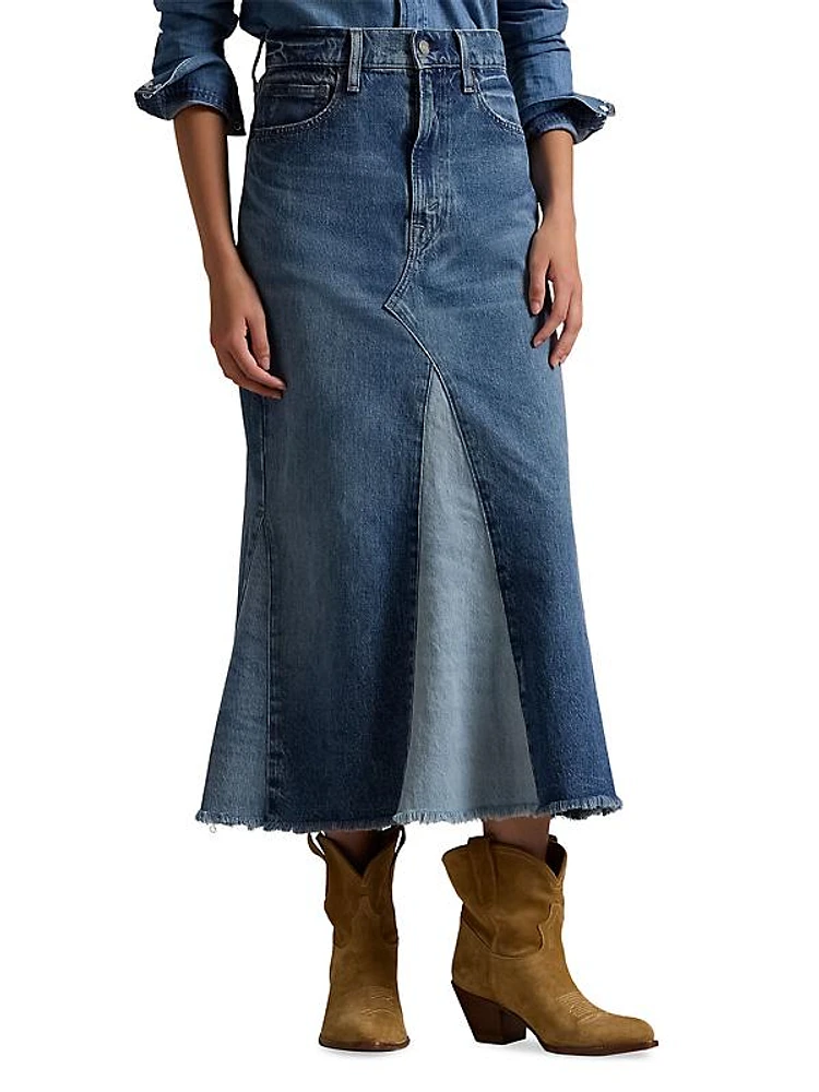 Deconstructed Patchwork Denim Midi-Skirt