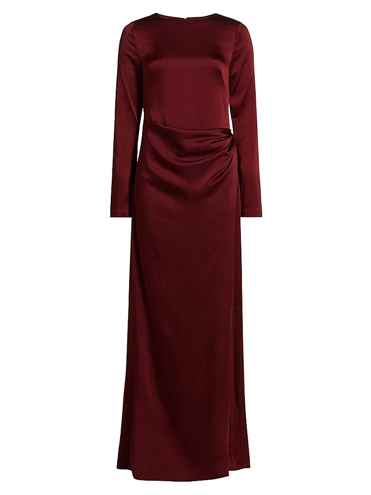 Qiana Satin Long-Sleeve Draped Gown