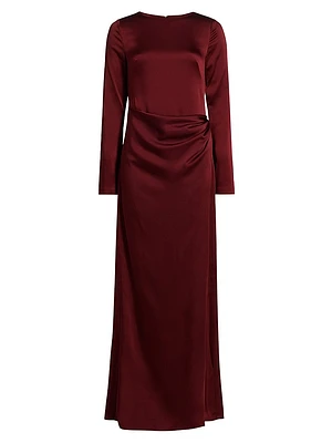 Qiana Satin Long-Sleeve Draped Gown