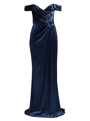 Velvet Off-the-Shoulder Draped Gown
