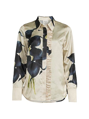 Frilled Floral Button-Front Blouse