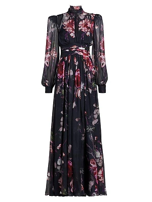 Floral Chiffon Puff-Sleeve Gown