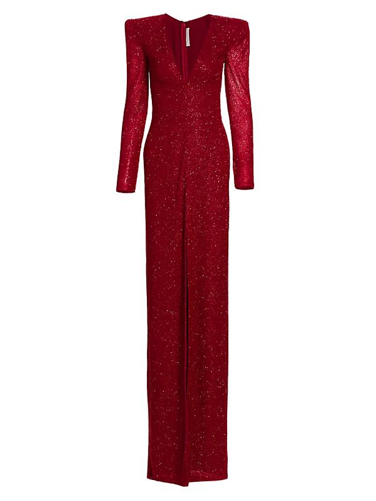 Beaded Plunge Column Gown