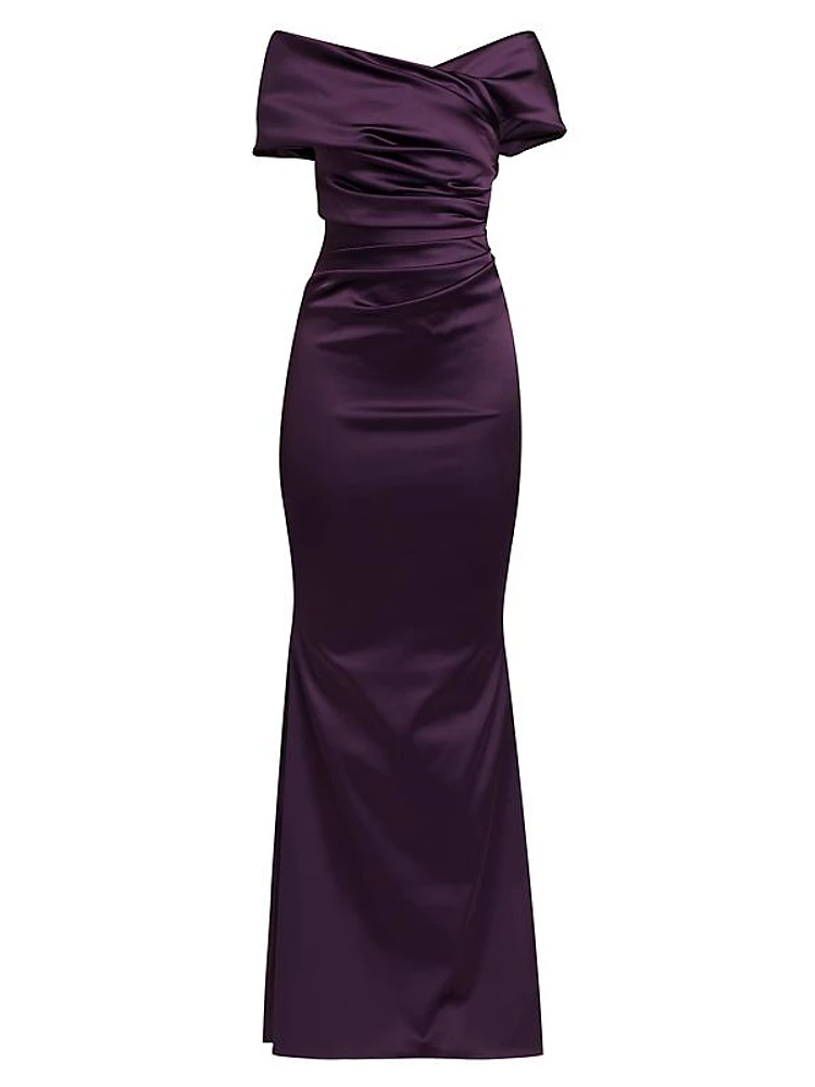 Satin Duchesse Off-the-Shoulder Body-Con Gown