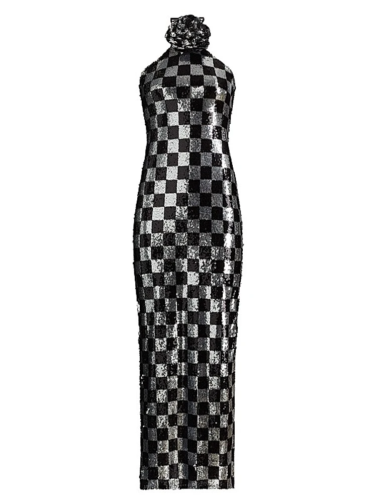 Beetlejuice II x RodarteCheckered Sequined Halter Gown