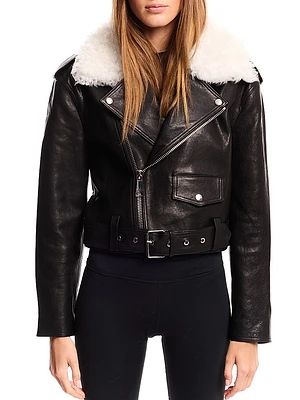 Lainey Leather-Shearling Belted Biker Jacket