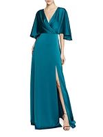Waverly Satin Flutter-Sleeve Gown