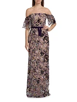 Floral Sequin Off-the-Shoulder Gown