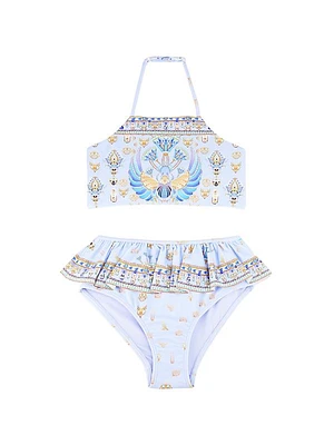 Little Girl's & Girl's Scarab-Print Ruffle-Trim 2-Piece Swimsuit