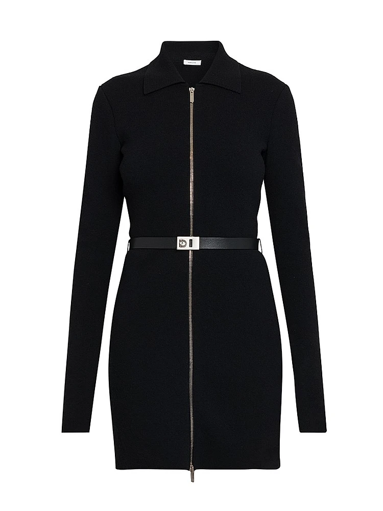 Wool-Blend Leather Belt Minidress