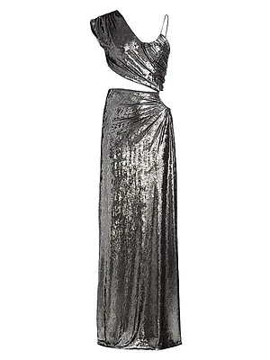 Shiloh Foiled Jersey Ruched Gown