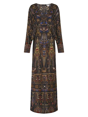 Egyptian-Print Silk V-Neck Maxi Dress