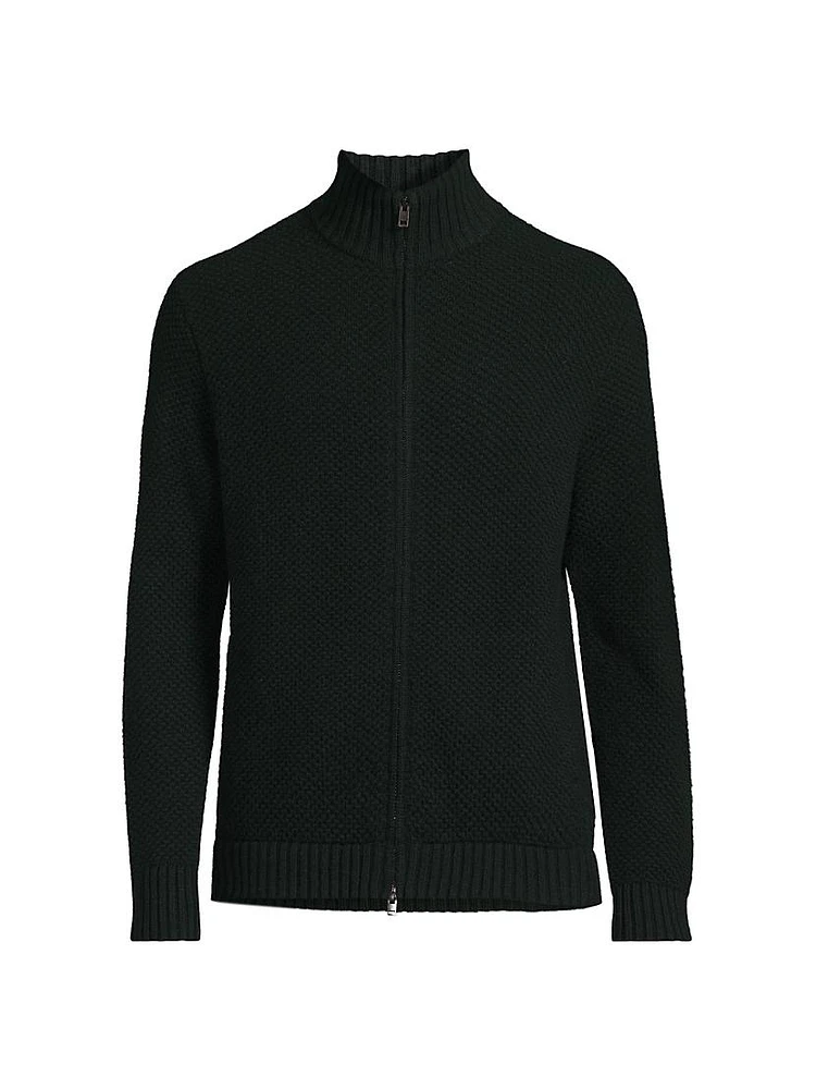 Wool Piqué Zip-Front Cardigan