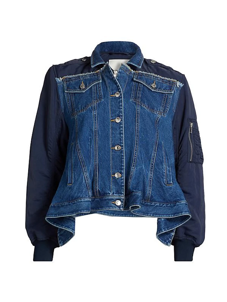 Combo Denim Flounce-Hem Jacket