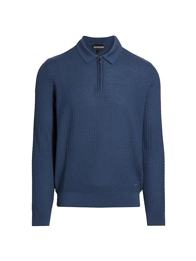 Textured Wool Knit Half-Zip Polo Sweater