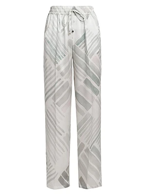 Abstract Silk Drawstring Straight-Leg Pants