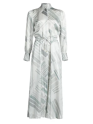 Abstract Silk Long-Sleeve Maxi Dress