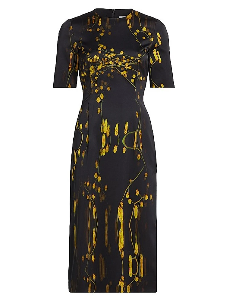 Abstract Floral Short-Sleeve Sheath Midi-Dress