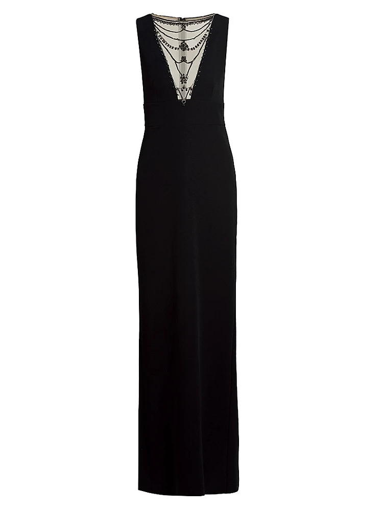 Illusion-Neck Crepe Column Gown