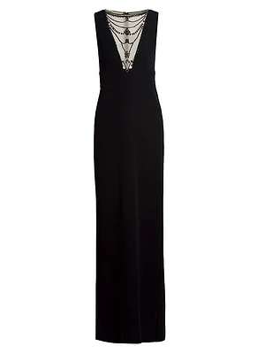 Illusion-Neck Crepe Column Gown