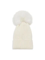 Girl's Logo Patch Wool Ribbed Beanie with Pom